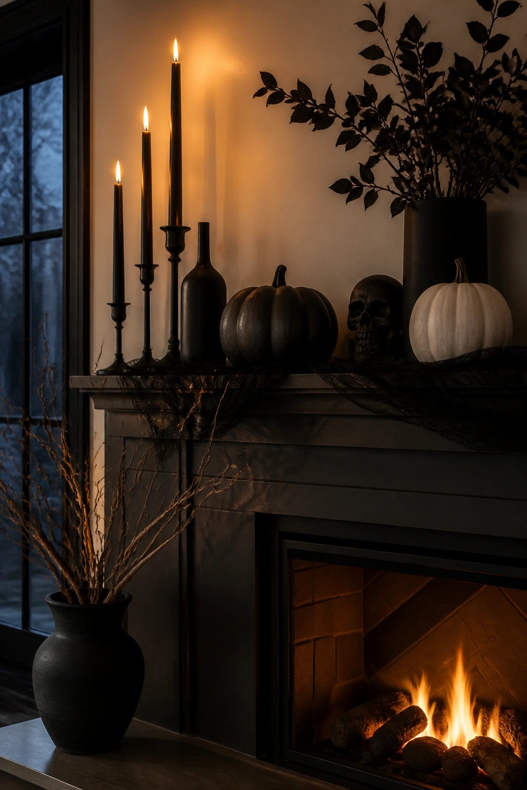 A dark fireplace mantel styled for Halloween with black candles, black pumpkins, a skull, and black netting.