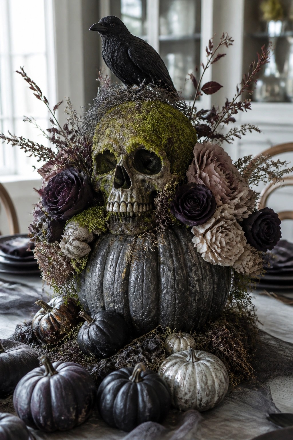 A moss-covered skull topped with a black crow sits on a large dark pumpkin as a dining table centerpiece surrounded by smaller pumpkins and dark flowers.