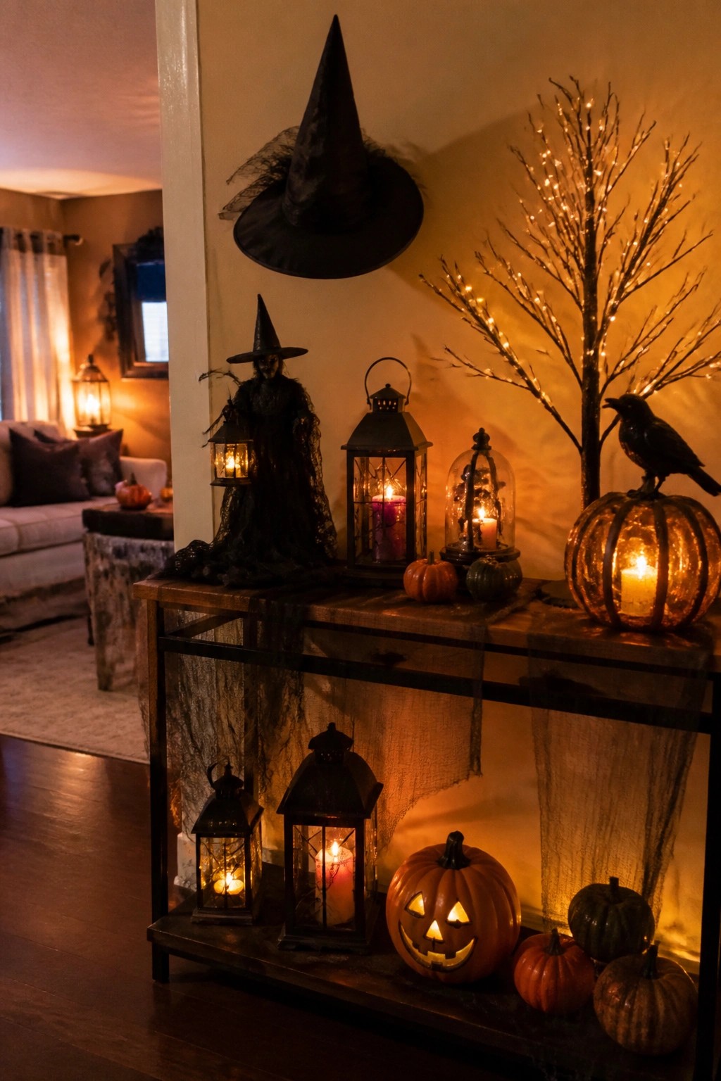 Console table styled with a witch figure, black witch hat on the wall, crow on a lit pumpkin, and several black lanterns with candles.