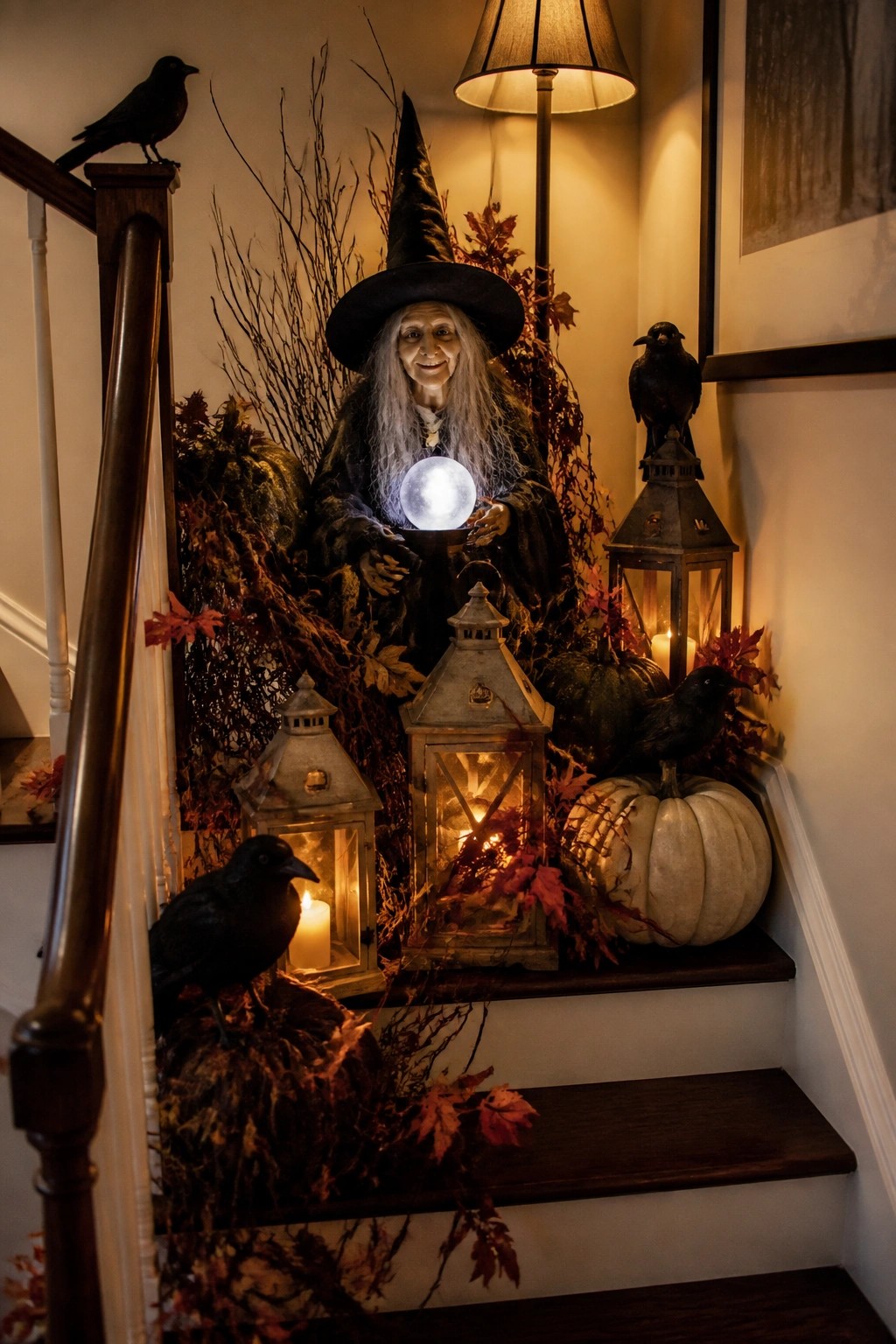 Staircase decorated with a large witch figure holding a glowing orb, crows, lanterns, and pumpkins.