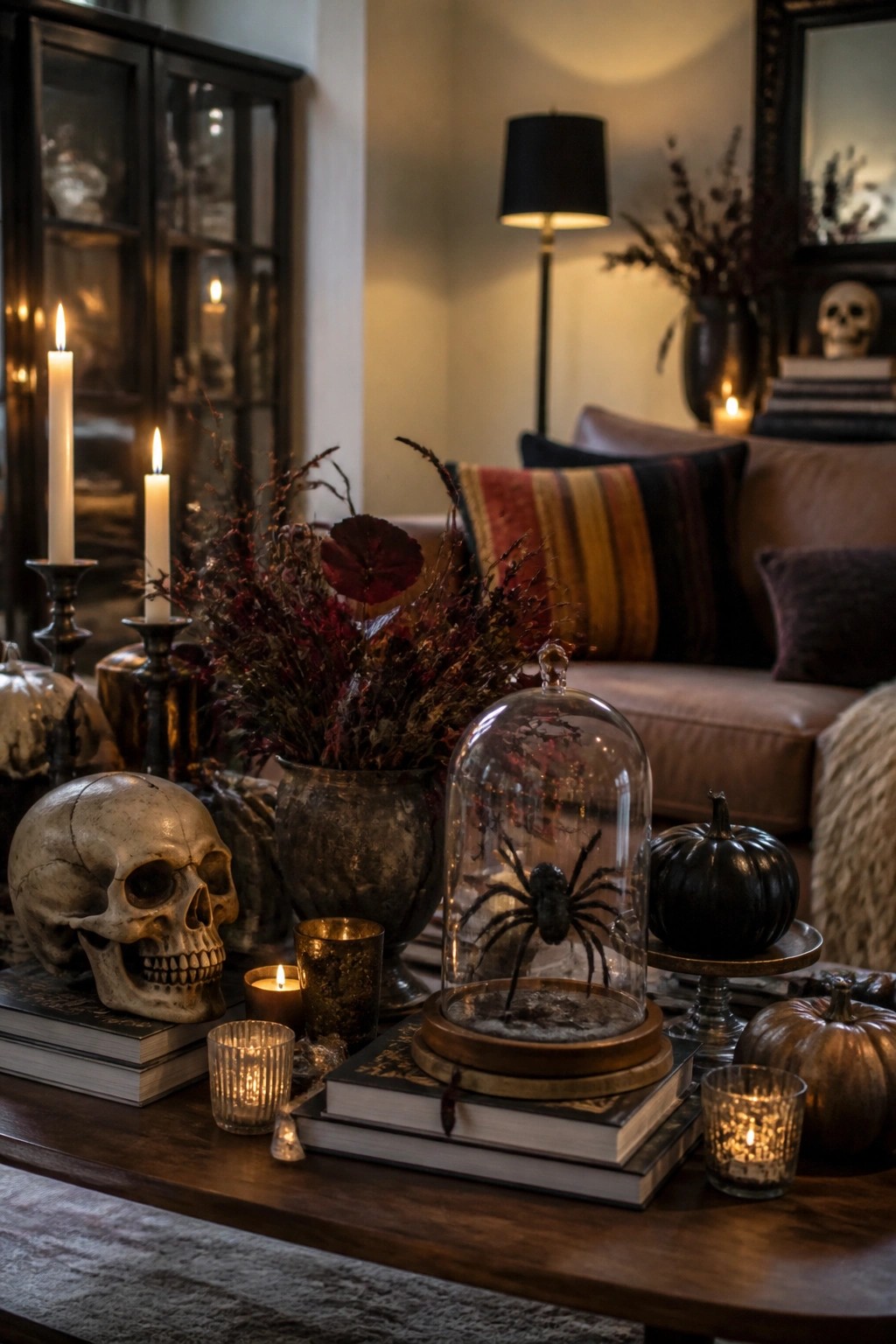 Coffee table styled with a large black spider under a glass cloche, skulls on books, candles, and dark pumpkins.