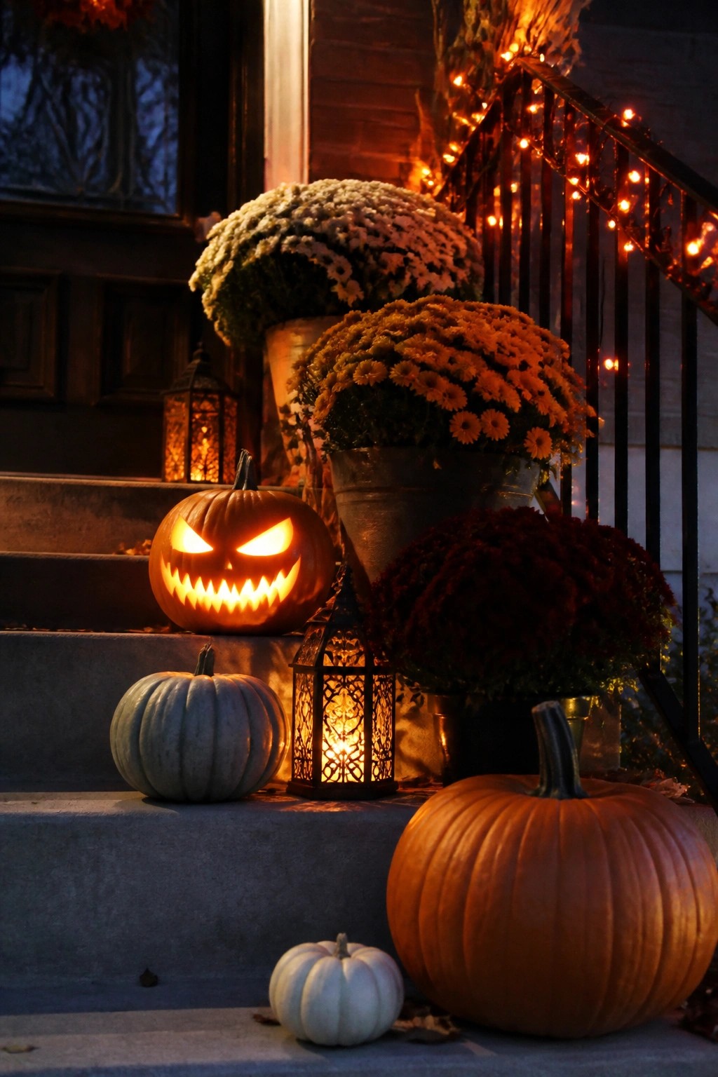 Concrete porch steps lined with glowing carved jack o lanterns and smaller pumpkins next to metal lanterns.