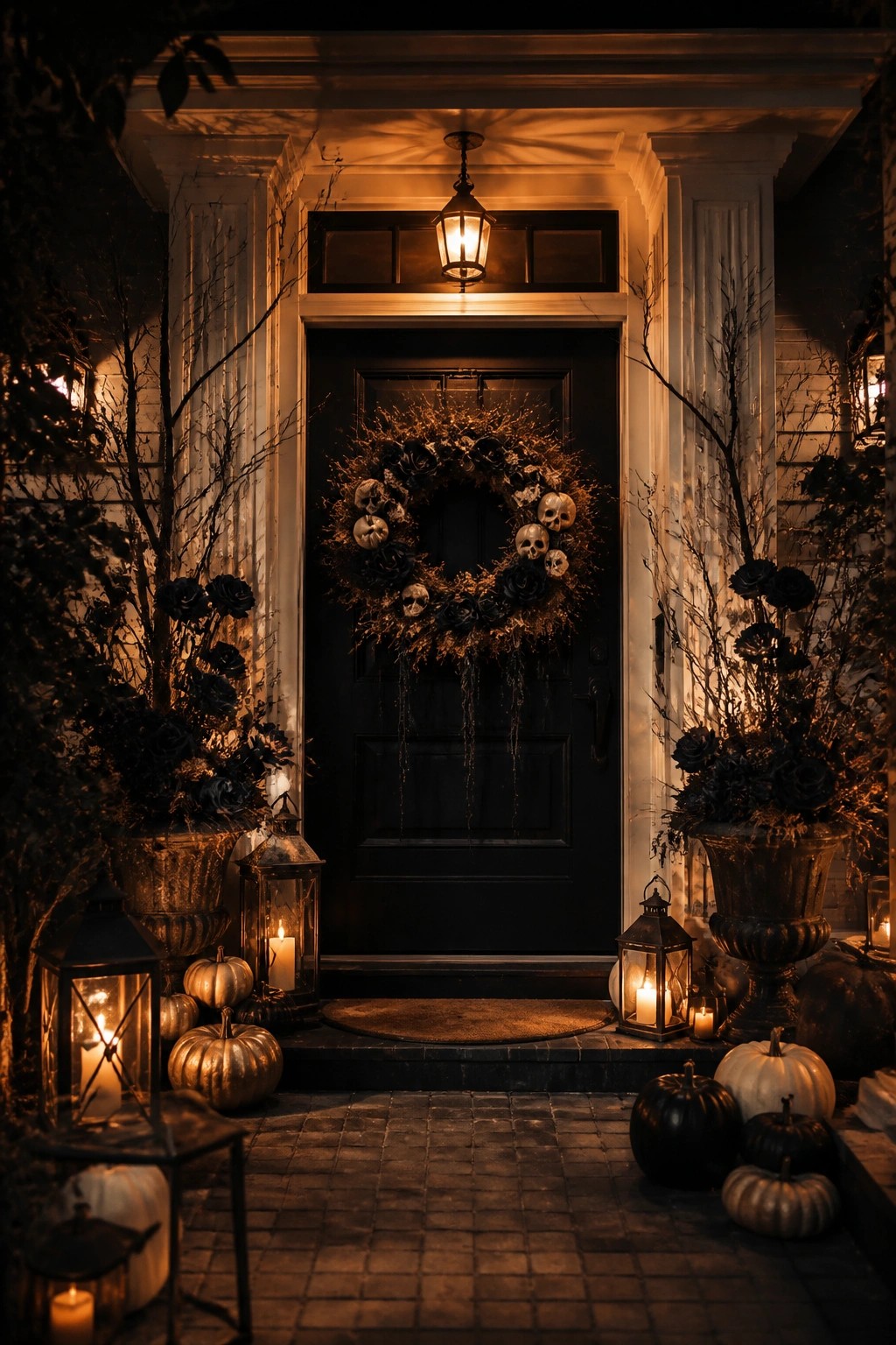 Eerie nighttime porch with skull wreath, black roses, glowing lanterns, and colorful pumpkins.