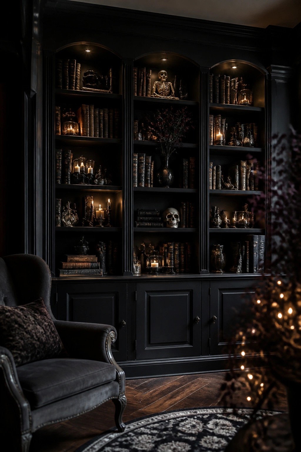 Dark built-in bookshelves in a living room filled with skeletons, skulls, and lit candles among rows of old books.