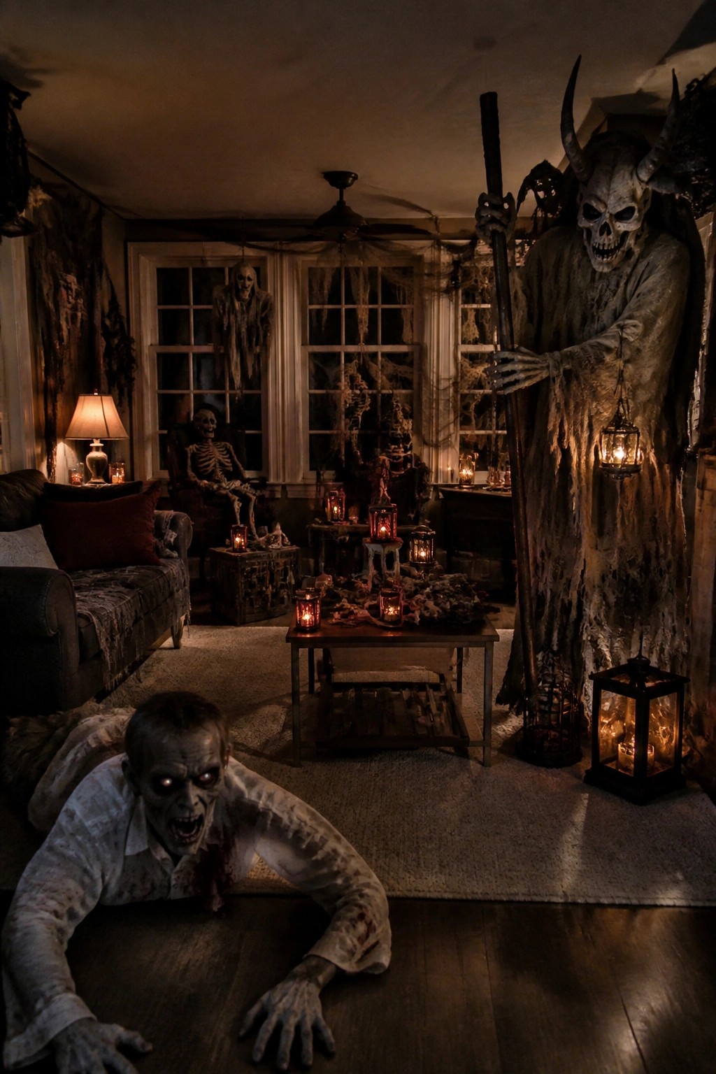 Living room decorated for Halloween with a large horned skeleton figure holding a staff, smaller skeletons seated and hanging, spiderwebs, and lanterns around the space.