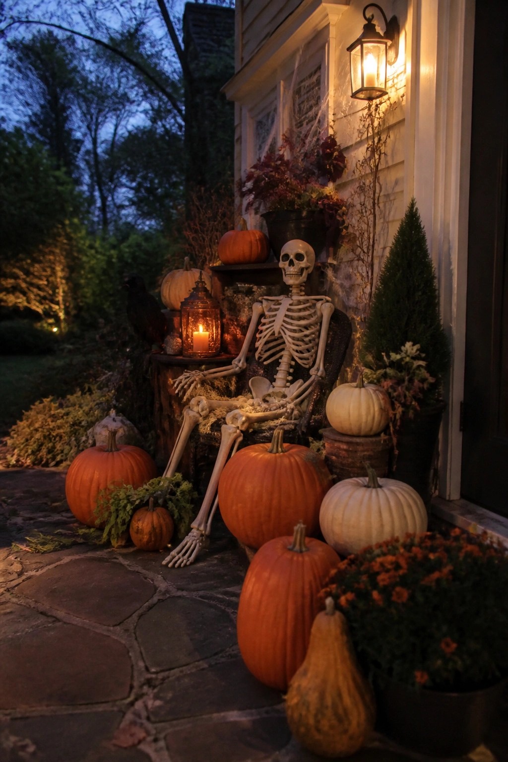 A plastic skeleton seated in a chair on a stone porch with pumpkins arranged around it and spiderwebs on the house wall.