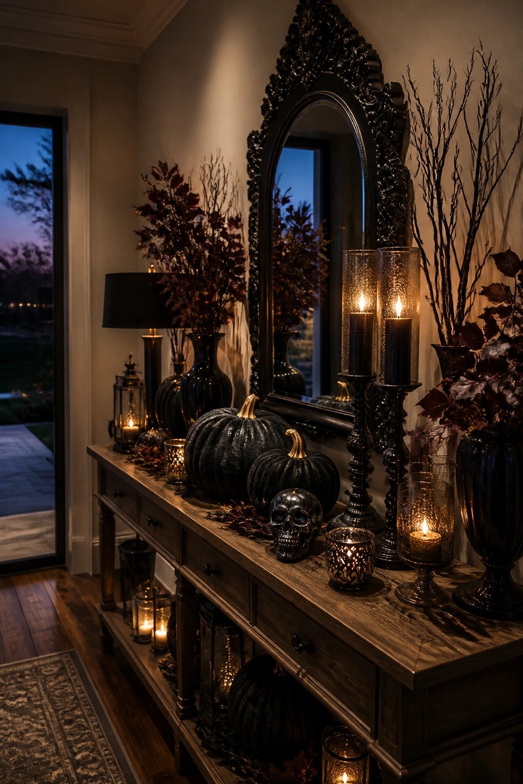 Entryway console table styled with black pumpkins, a metallic skull, dark candle holders, and bare branches in front of an ornate black mirror.