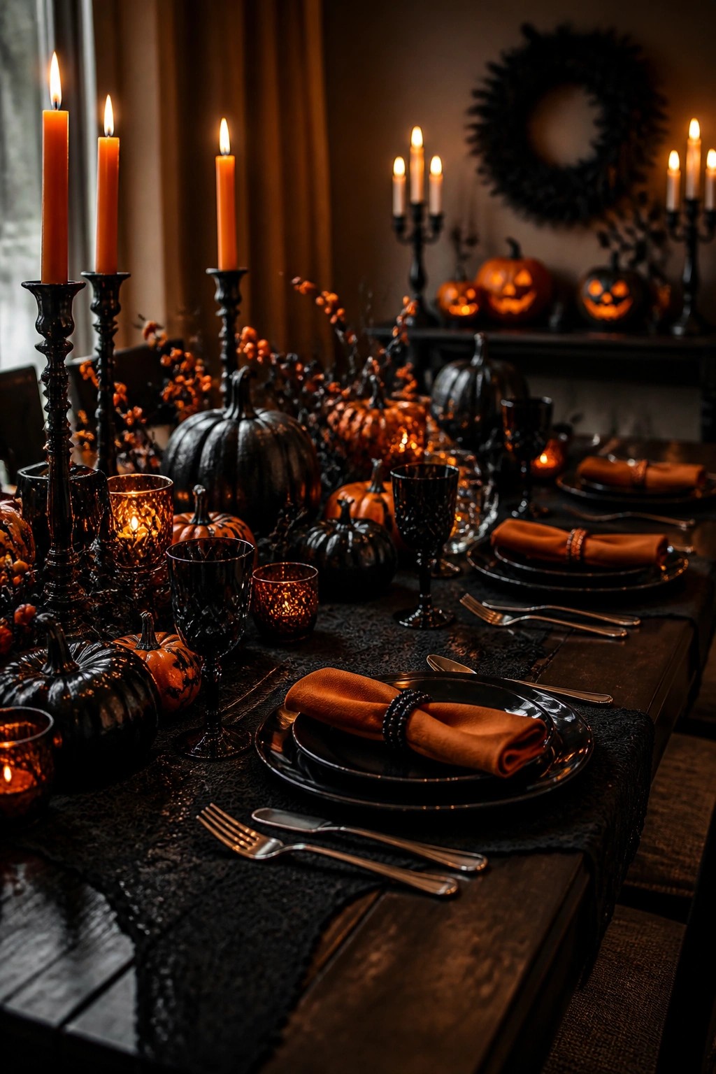 A Halloween dining table decorated with black pumpkins, black plates, orange napkins, and lit black candles.