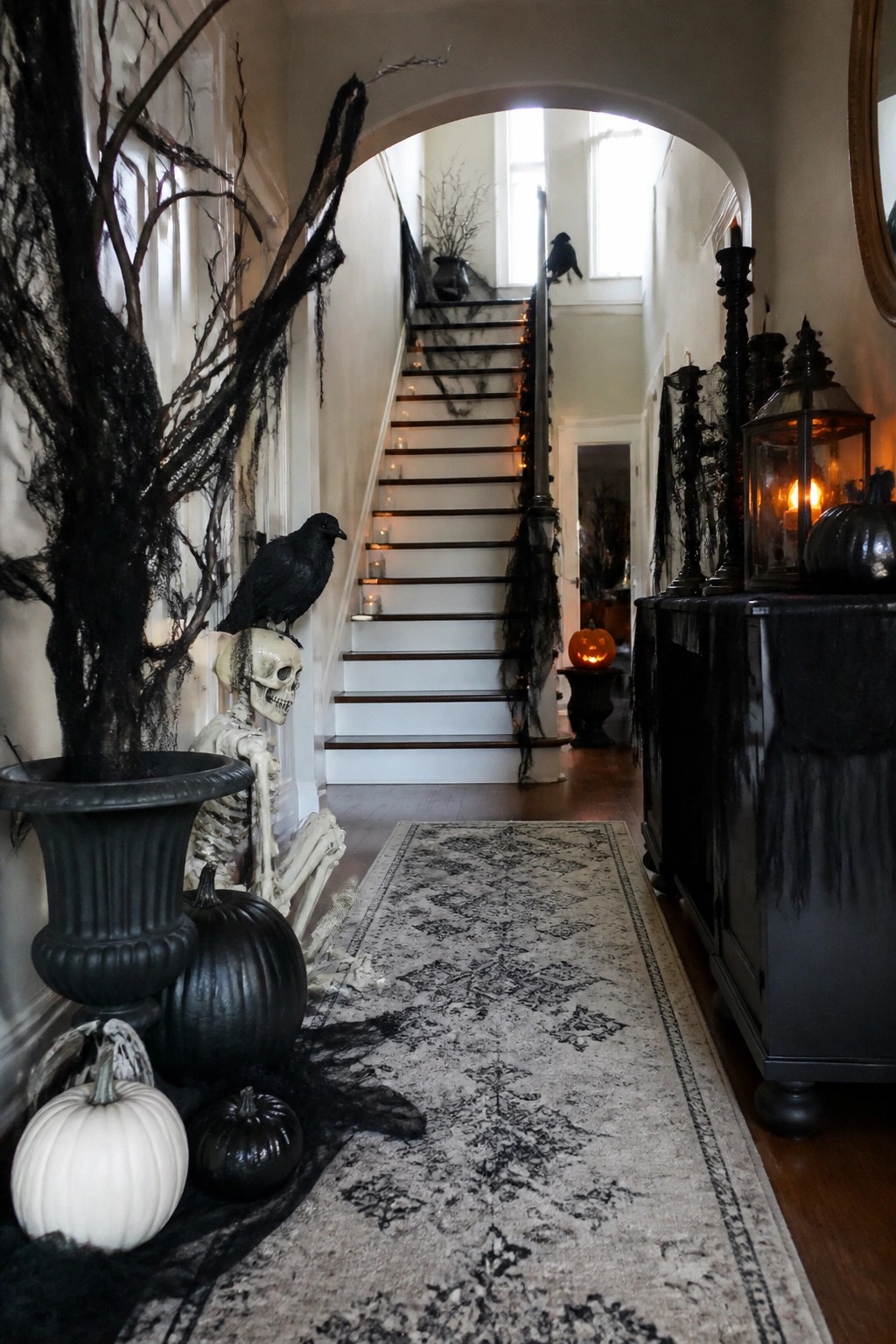 Entryway featuring a skeleton seated in a black urn with a crow on its head, black branches, pumpkins, and a staircase decorated with string lights and cobwebs.