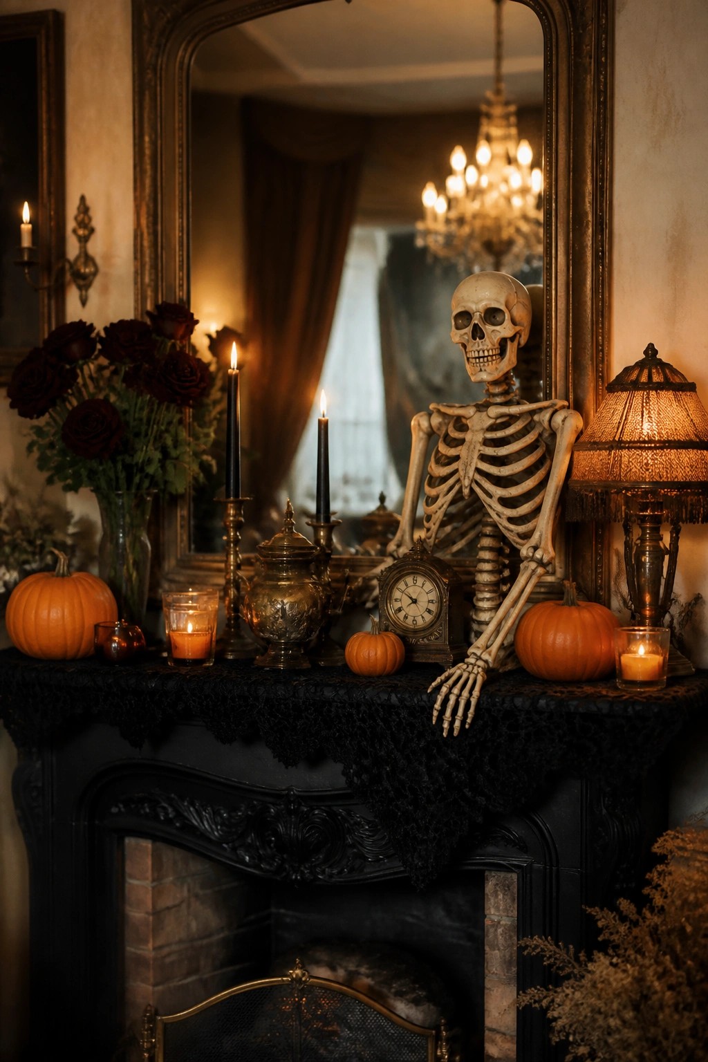 A skeleton posed on a black-draped fireplace mantel with pumpkins, candles, and a vase of dark flowers.
