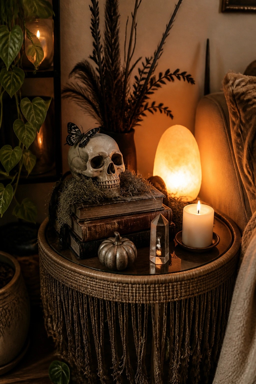 Skull with butterfly on old books beside lit candle, crystal, and pumpkin on fringed table
