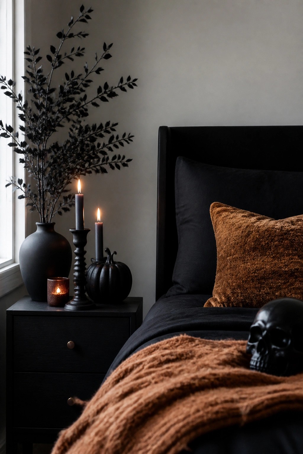 Dark bedroom with lit candles, black pumpkin, vase, and skull on bed