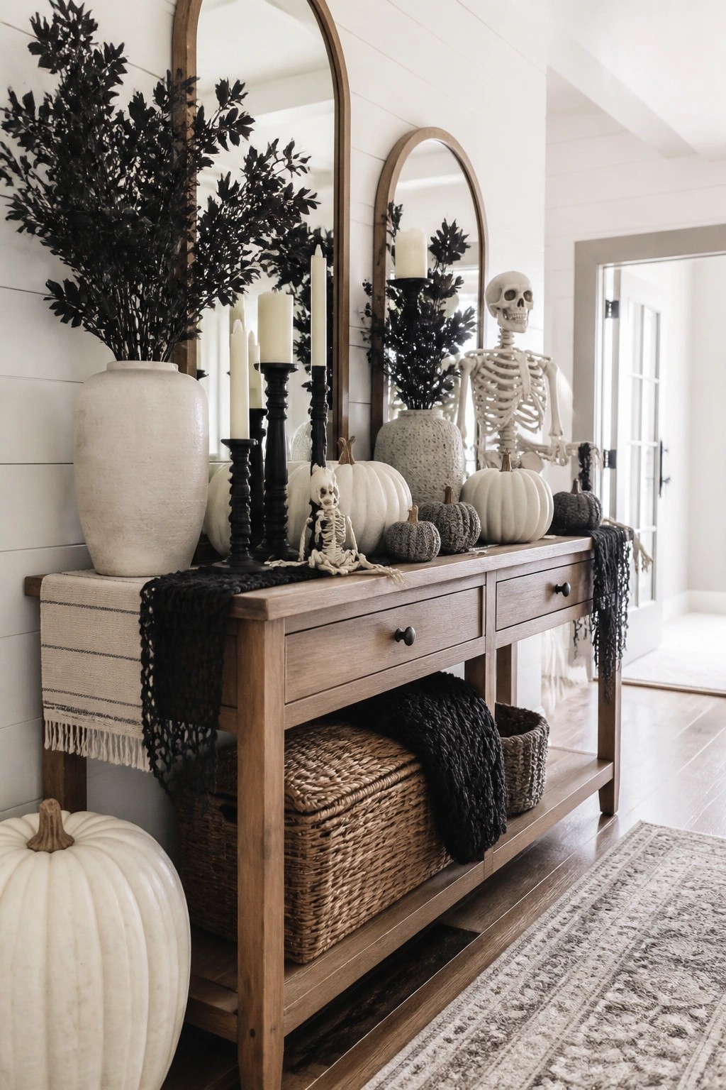 Entryway console table with multiple decorative skeletons, white pumpkins, black candles, and dark accents arranged in front of two arched mirrors.