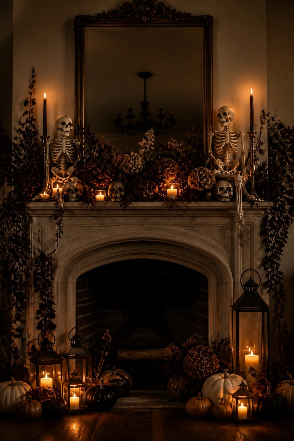 Gothic Halloween mantel with skeletons, skulls, candles, pumpkins, and dried florals at night