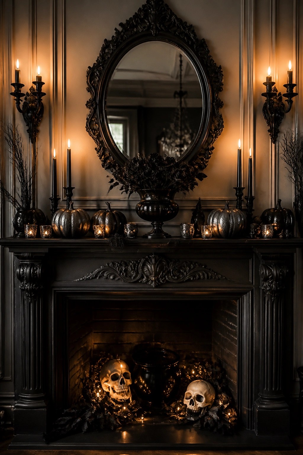 Black fireplace mantel with metallic pumpkins and black candles, and two skulls placed inside the fireplace opening surrounded by string lights and dark foliage.