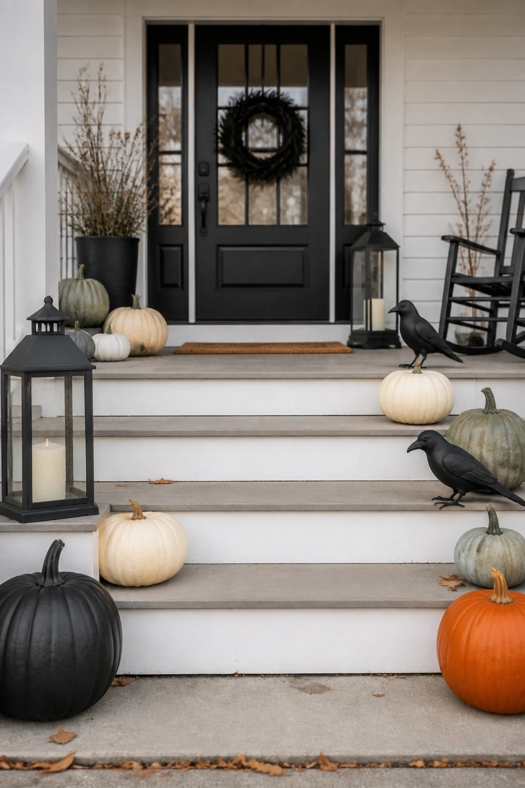 Front porch steps decorated with black crows, white and black pumpkins, and black lanterns beside a black front door.