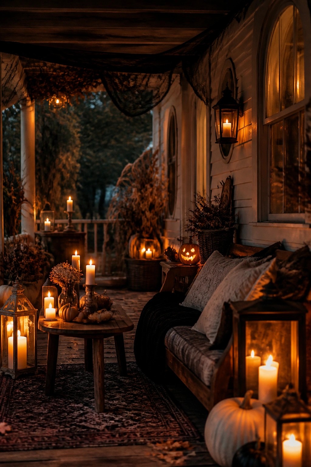 Farmhouse front porch at night with several carved jack o lanterns, glowing lanterns, a wooden bench with pillows, and a small table holding candles and pumpkins.
