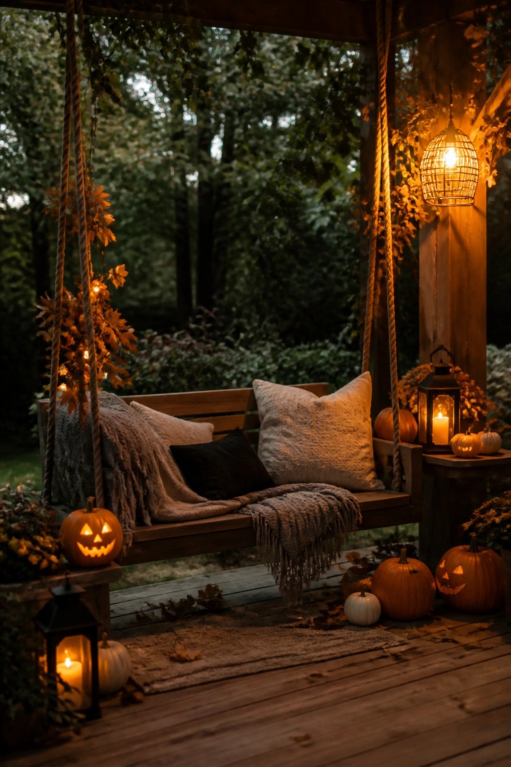 A wooden porch swing on a covered deck decorated with several carved jack o lanterns, pillows, and blankets.