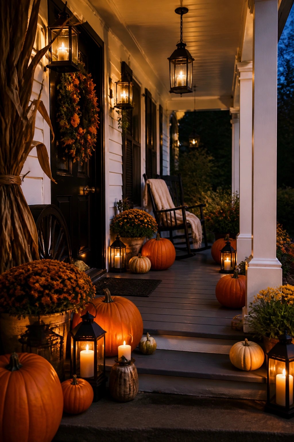 Farmhouse front porch decorated with orange and white pumpkins, black lanterns, and fall flowers on the steps and around the door.