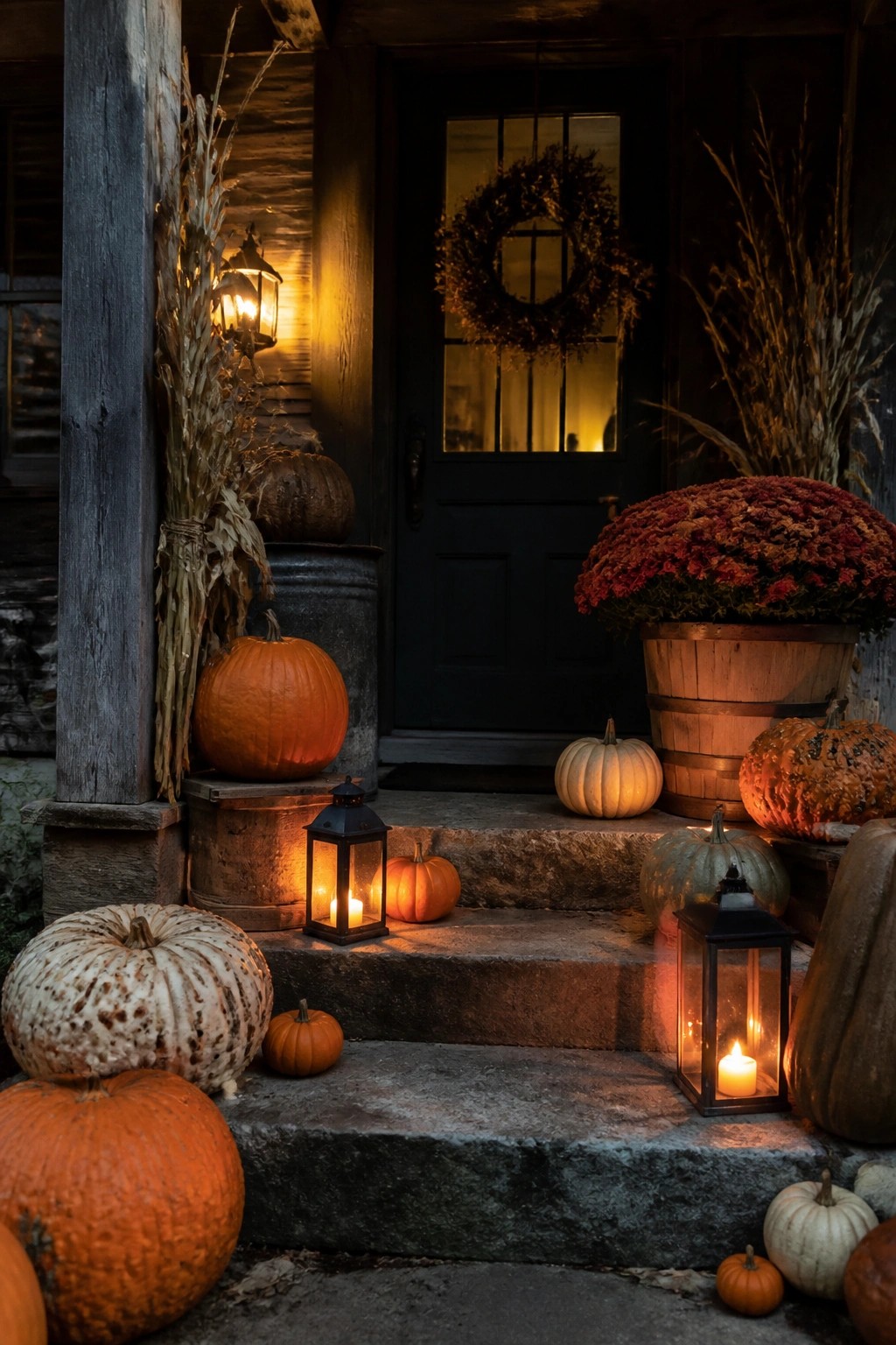 Farmhouse front porch with pumpkins of various colors and sizes placed on stone steps, lit black lanterns, and a barrel of red mums beside a dark wooden door.