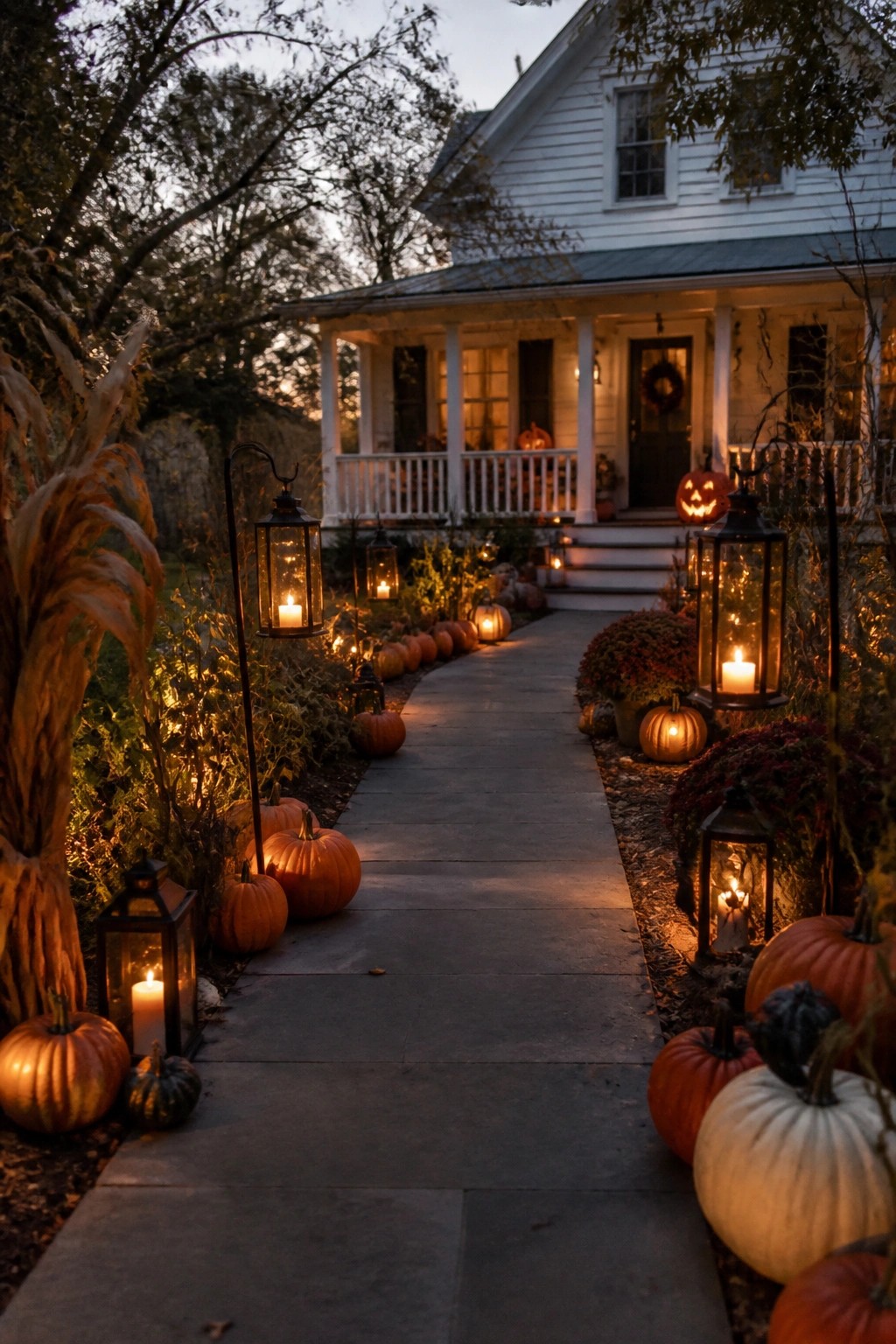 Stone path lined with glowing lanterns and pumpkins leads to white house porch at dusk.
