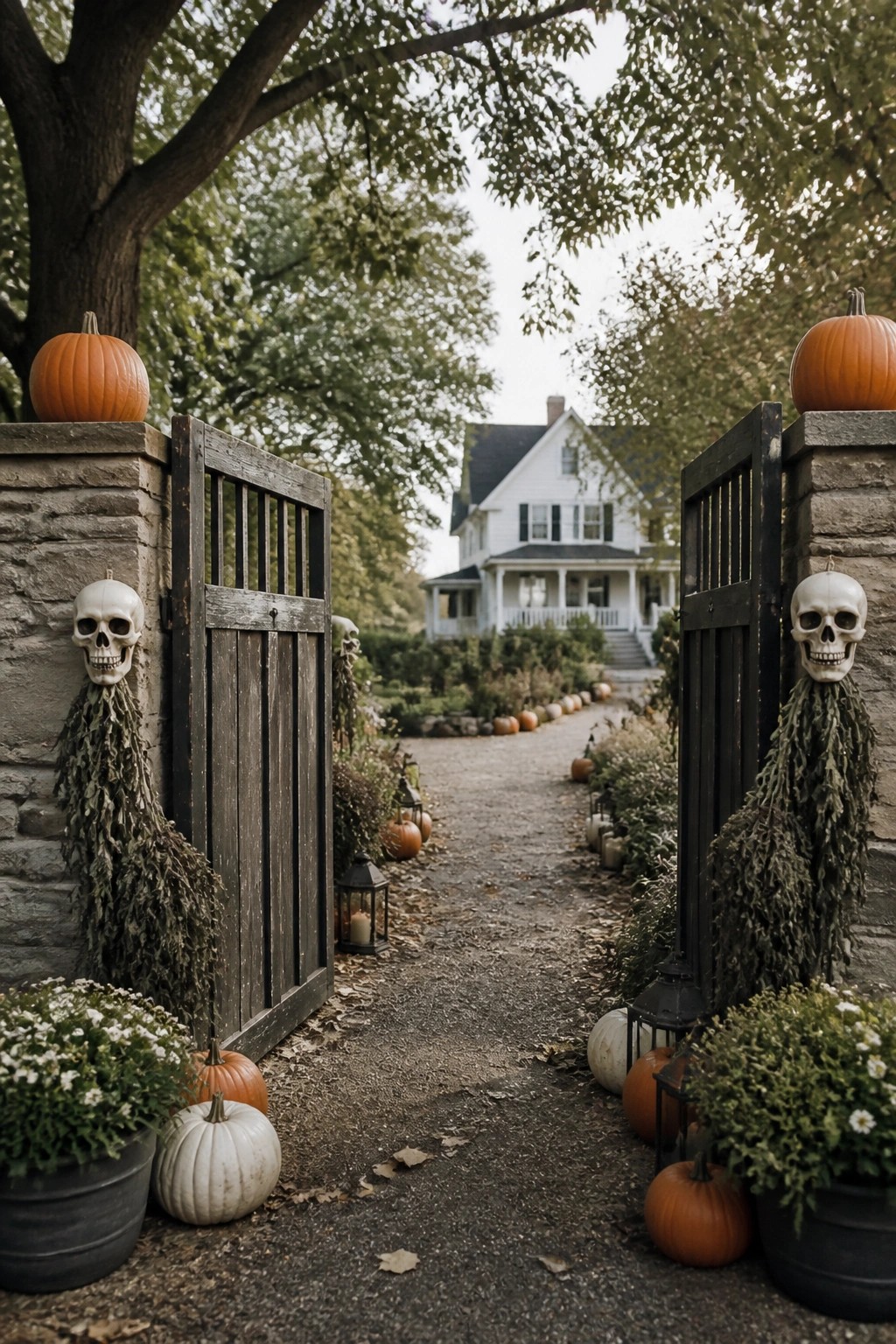 Open wooden gates with skull decorations, pumpkins on stone pillars along autumn path