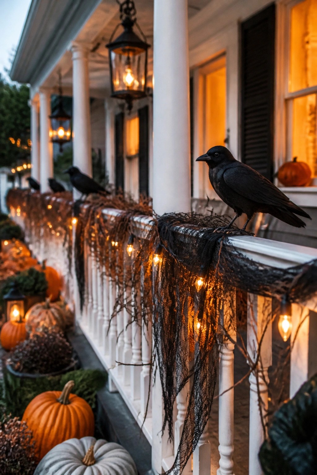 Black raven on white porch railing amid pumpkins, string lights, and dark garlands