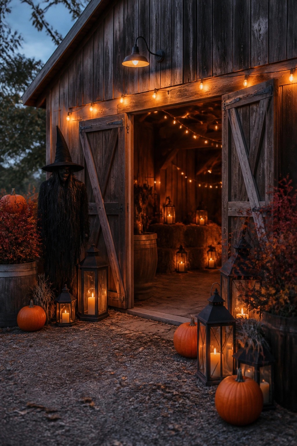 Barn entrance decorated with a tall witch figure, black lanterns, pumpkins, and string lights around open wooden doors.