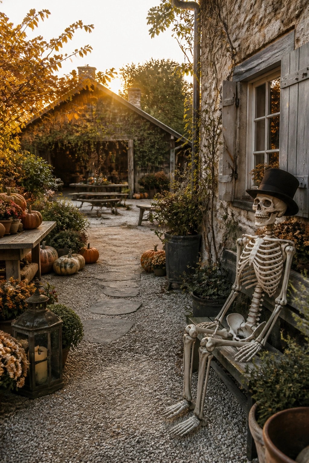 A skeleton wearing a black top hat sits on a wooden bench next to a stone building in a gravel courtyard with pumpkins and plants nearby.