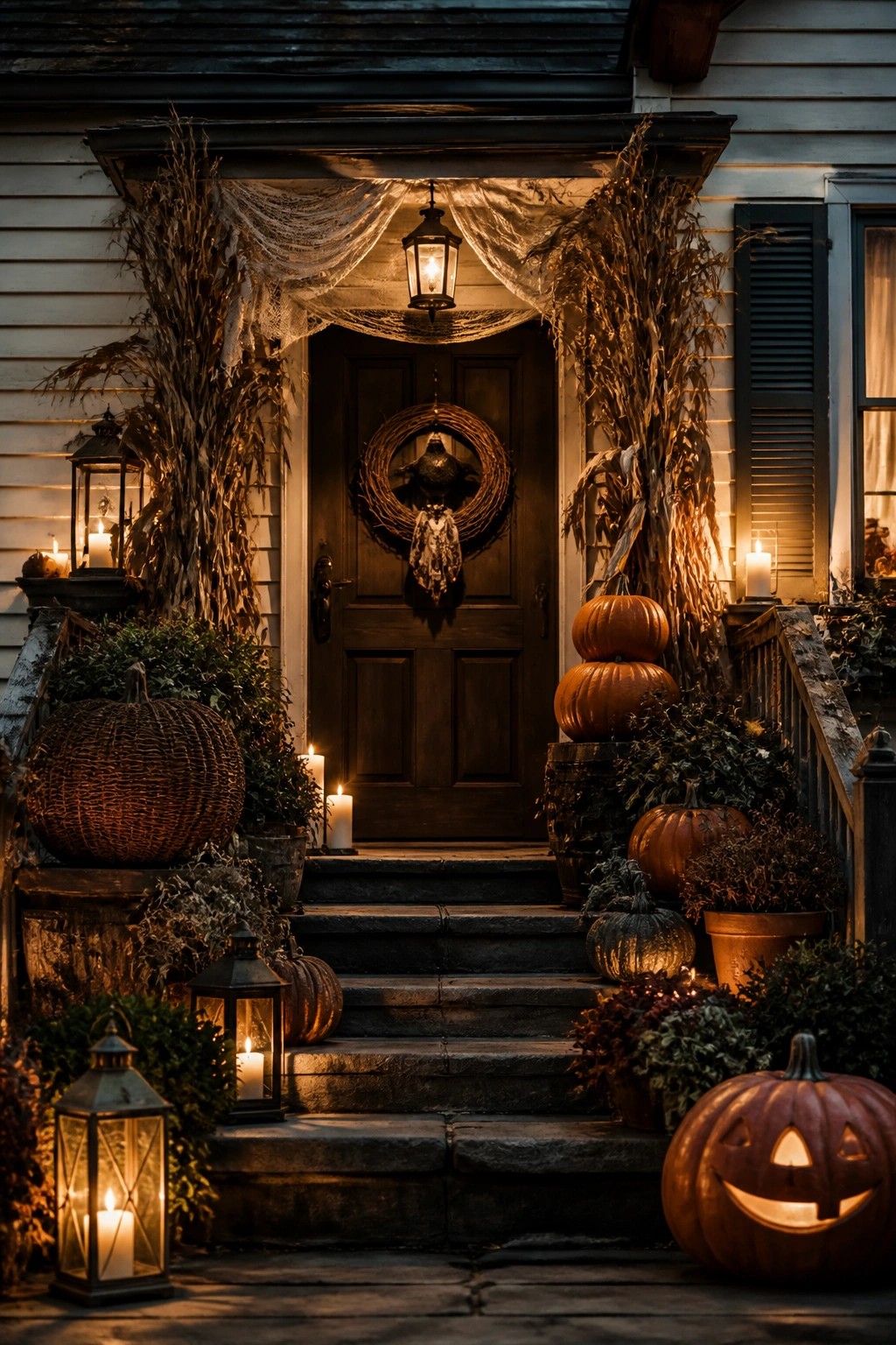 Farmhouse front porch with stacked orange pumpkins, lit lanterns, corn stalks, and a crow wreath on the dark wooden door.