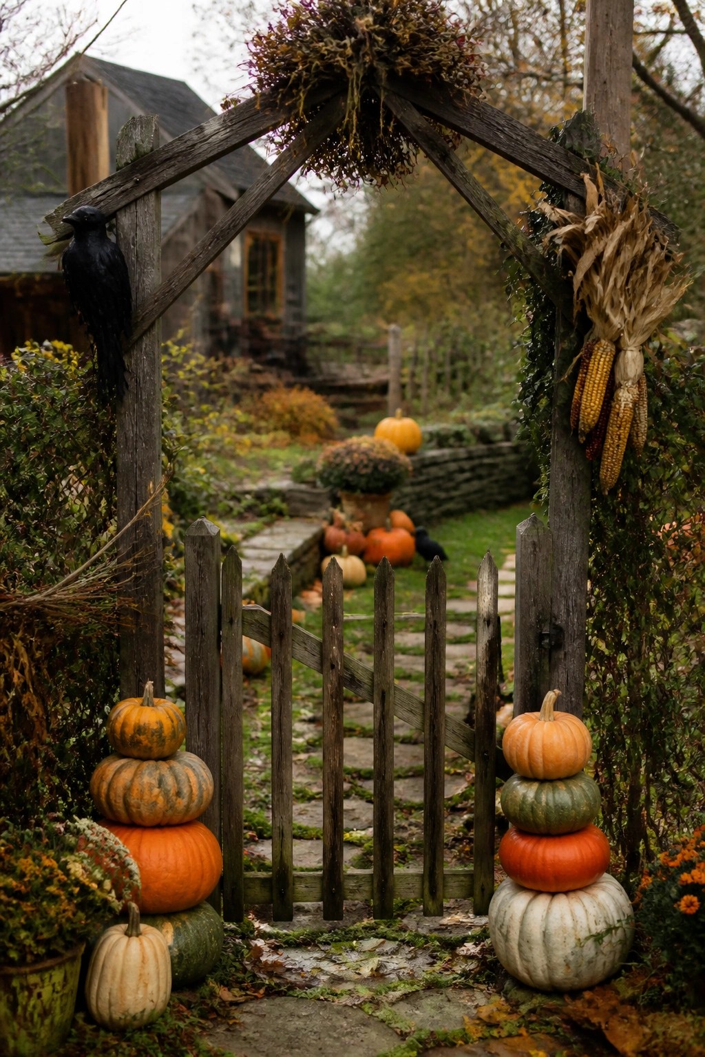 Rustic wooden garden gate with stacked pumpkins, corn stalks, and perched crow