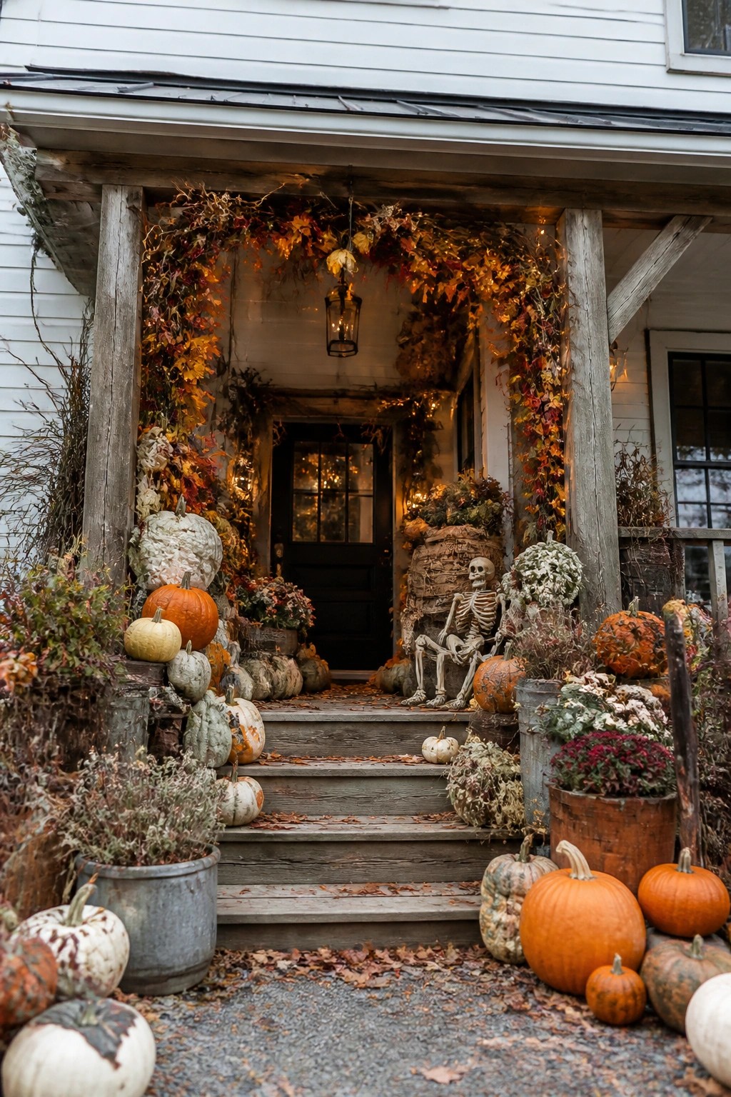 Farmhouse front porch with a skeleton seated on the wooden steps, surrounded by pumpkins, autumn leaf garlands, and potted flowers.