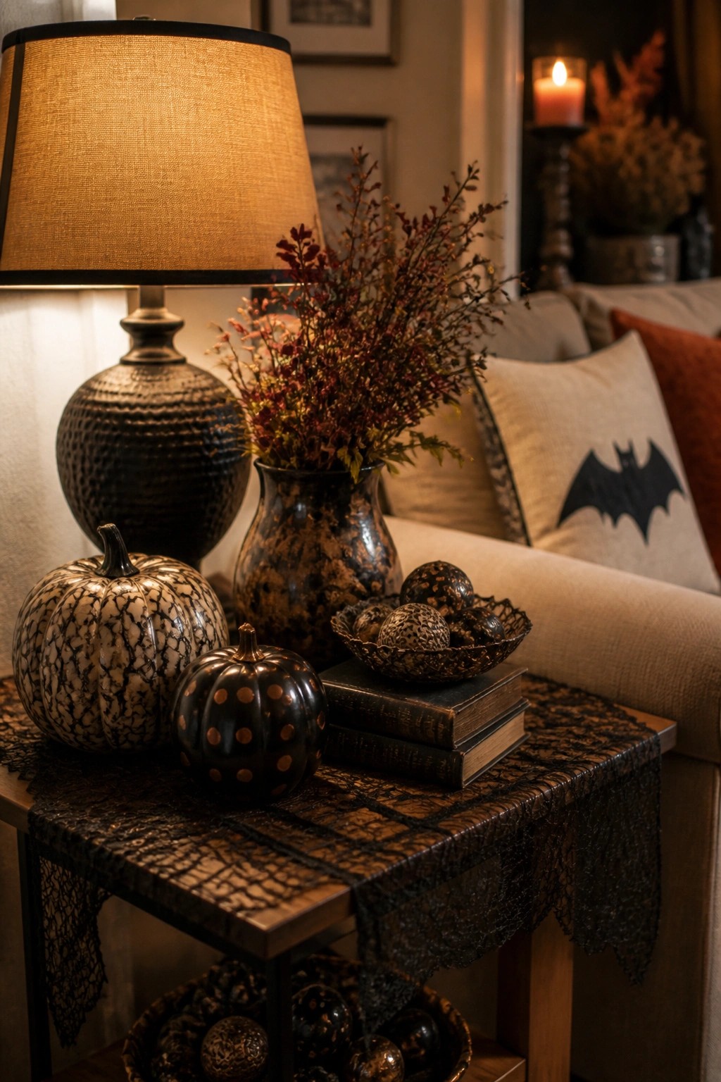 Living room side table vignette featuring black and white patterned pumpkins, a bat pillow on a sofa, and dark decorative accents with a black lace runner.