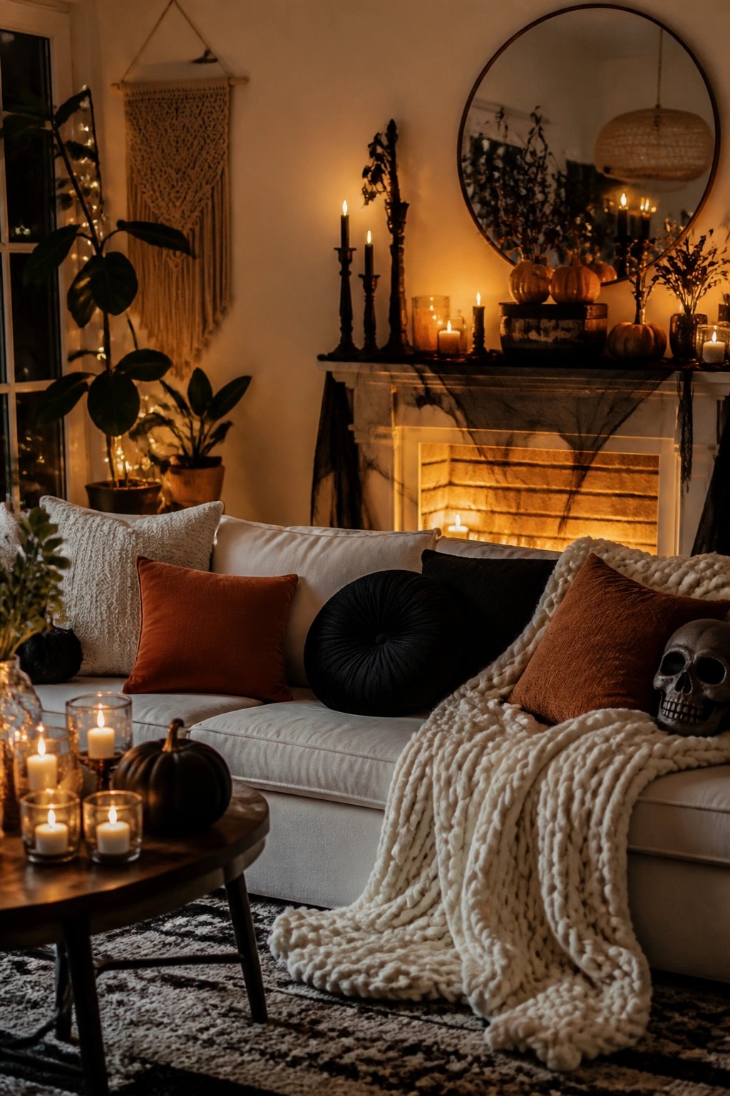 Living room fireplace mantel decorated with black candles, spiderwebs, and small pumpkins for Halloween.
