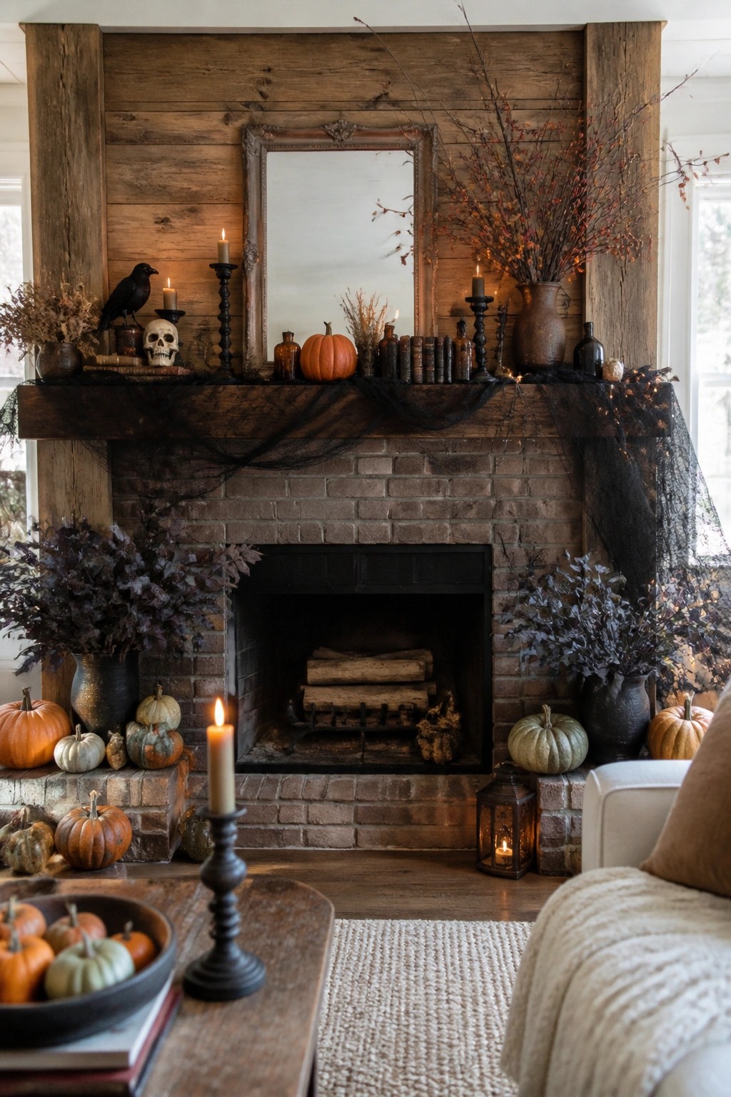 Brick fireplace with wooden mantel styled for Halloween using a skull, black bird figurine, candles, books, and sheer black fabric, with pumpkins arranged on the hearth.