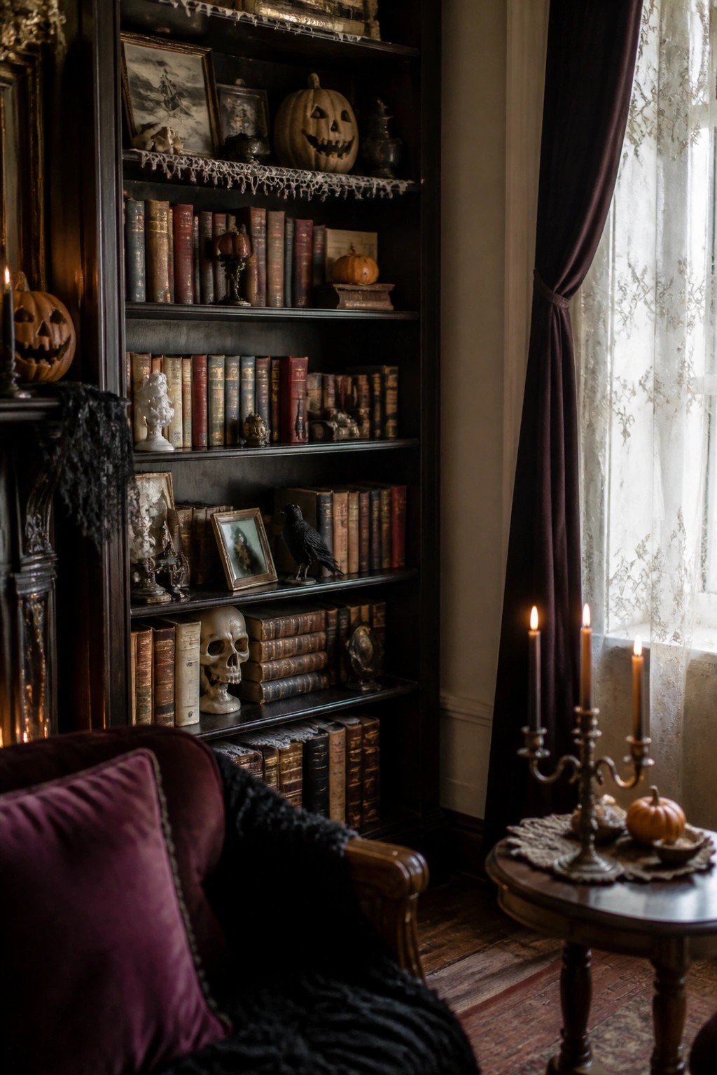 Dark wooden built-in shelves filled with old books, jack-o'-lanterns, a skull, and a black crow statue in a cozy room.