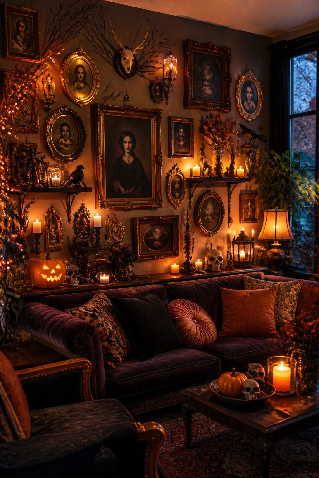 Living room wall covered in many ornate framed portraits mixed with skulls, branches, and a carved pumpkin on a nearby surface.