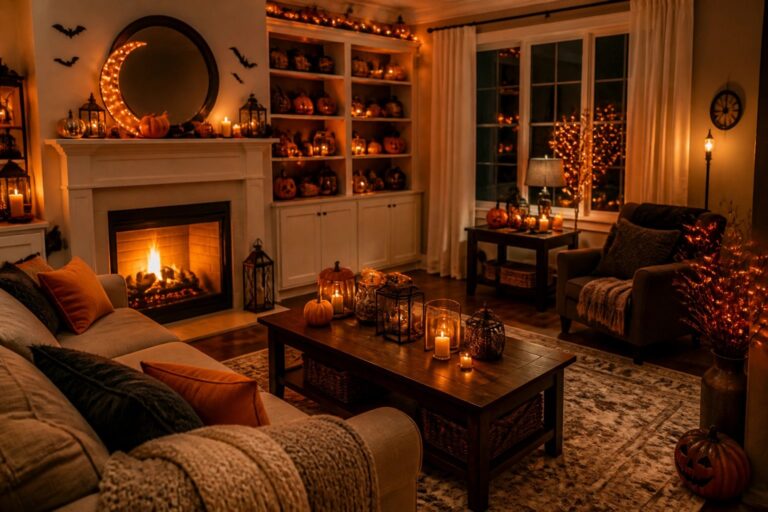 Living room mantel decorated with black bats around a round mirror, pumpkins on the hearth, and lit lanterns on the shelves.