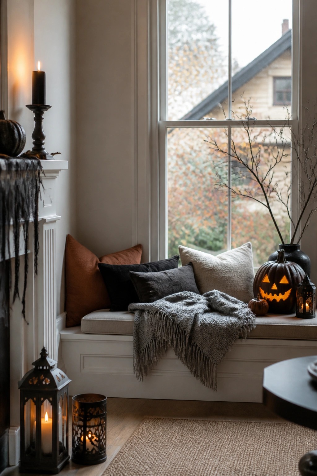 A white window seat styled with glowing carved jack o lanterns, black metal lanterns, pillows, and a gray fringed throw.