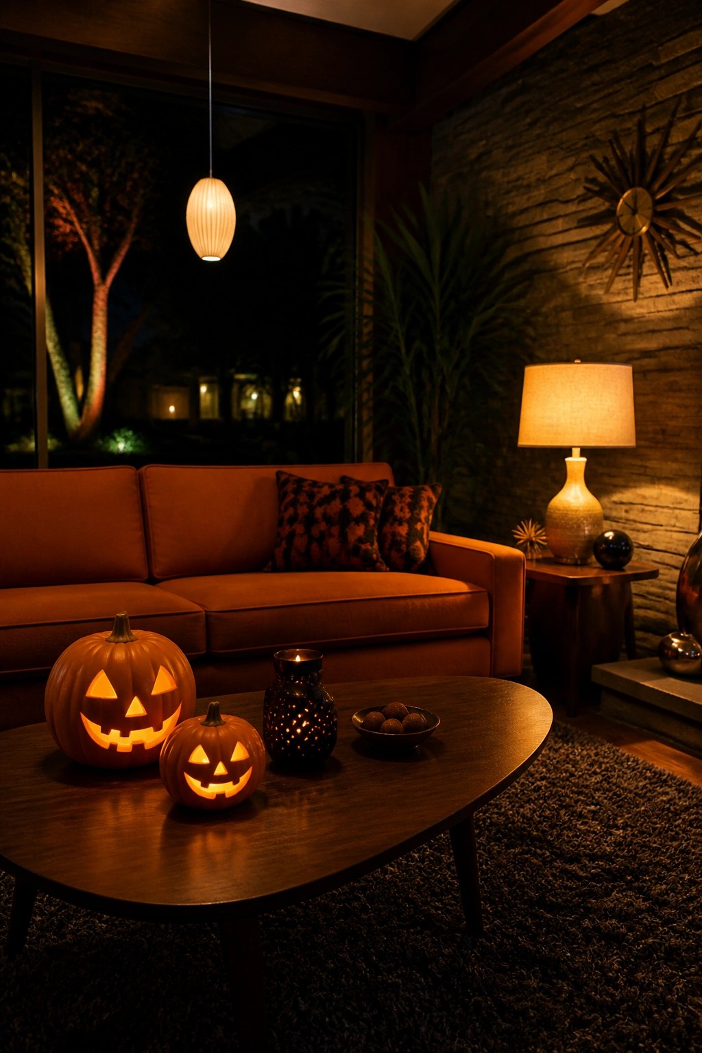 Two carved jack o lanterns glowing on a wooden coffee table in a living room with an orange sofa behind them.