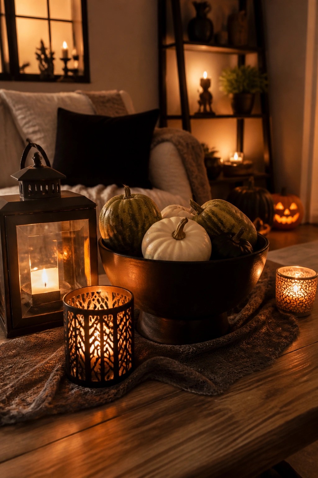 A wooden table holds a dark bowl filled with green, white, and dark pumpkins next to several lit candles in black metal holders, with a carved jack o lantern visible in the background.
