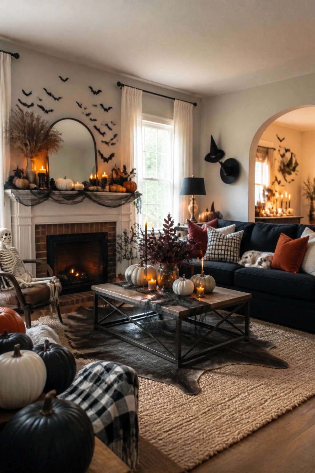 Living room mantel with an arched mirror surrounded by black bat decorations and pumpkins, plus a skeleton seated in a nearby chair.