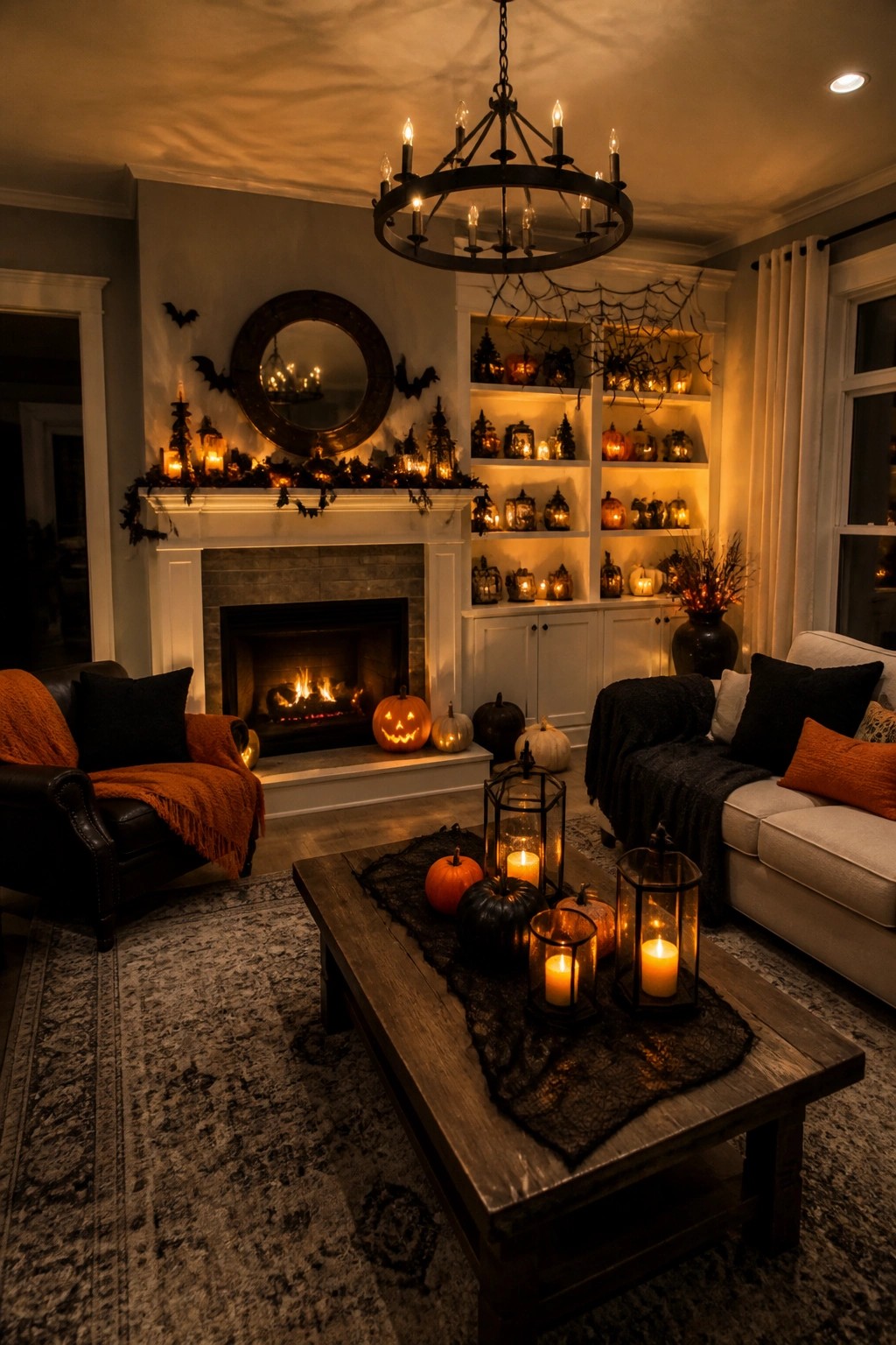 Living room mantel decorated with black bats around a round mirror, pumpkins on the hearth, and lit lanterns on the shelves.