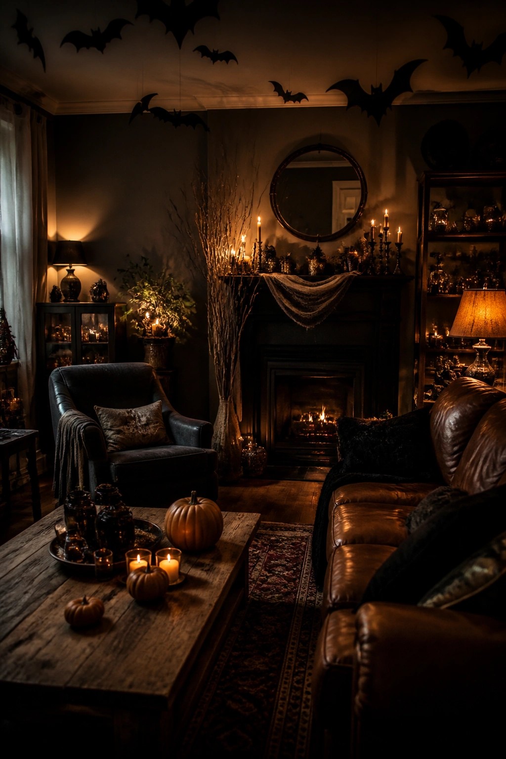 Dimly lit Halloween room with leather sofa, pumpkins, candles, bats, and fireplace.