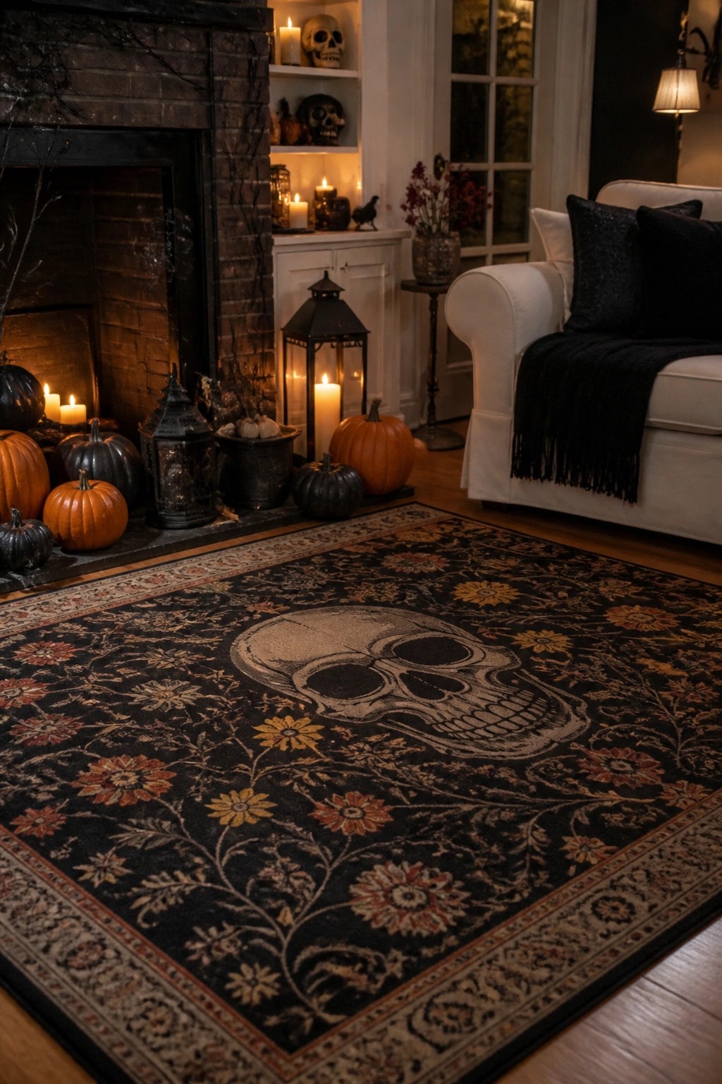Living room scene with a large dark rug featuring a central skull design, surrounded by pumpkins, lanterns, and a brick fireplace mantel decorated with skulls and candles.