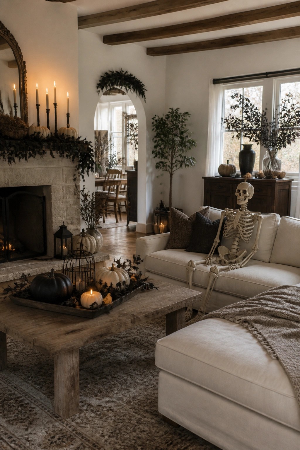 Skeleton on white sofa in cozy living room with autumn pumpkins, candles, and wooden decor.