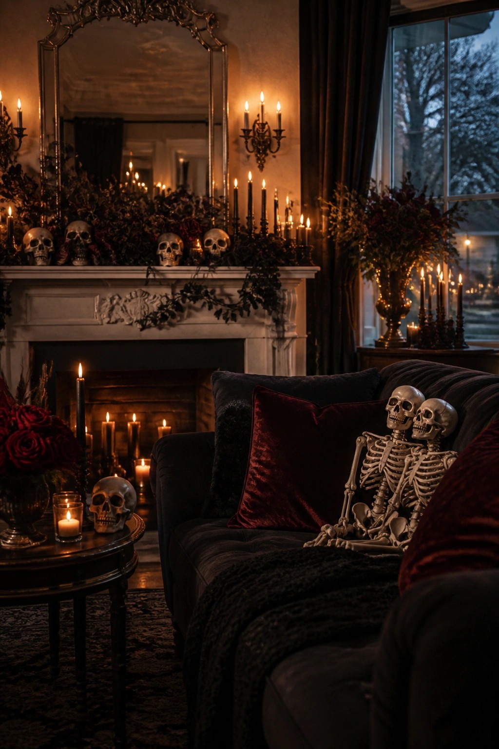 Living room sofa with two decorative skeletons seated on dark cushions next to a mantel lined with skulls and black candles.