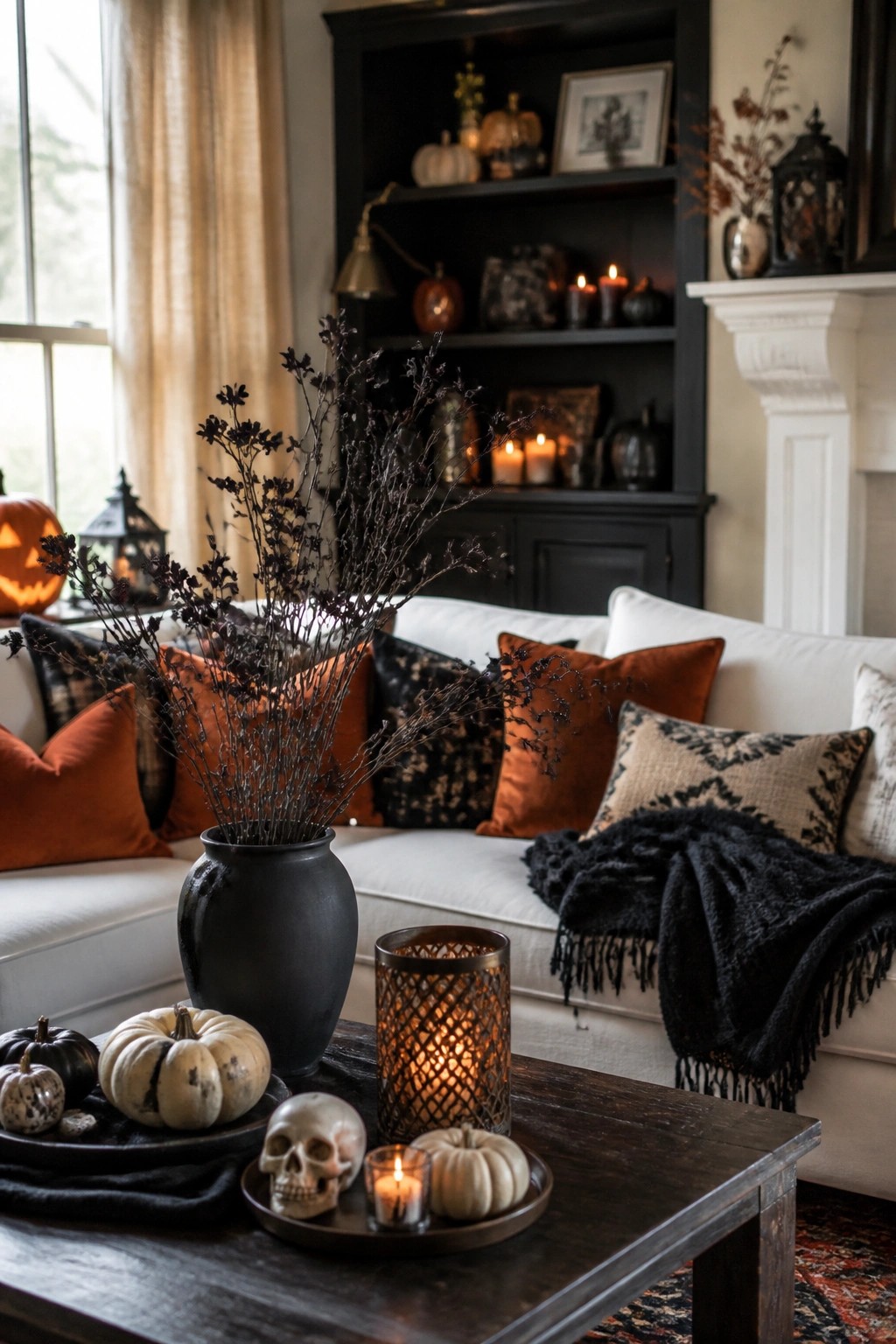 Cozy autumn living room with white sofa, orange pillows, black vase, skull, and pumpkins on table.
