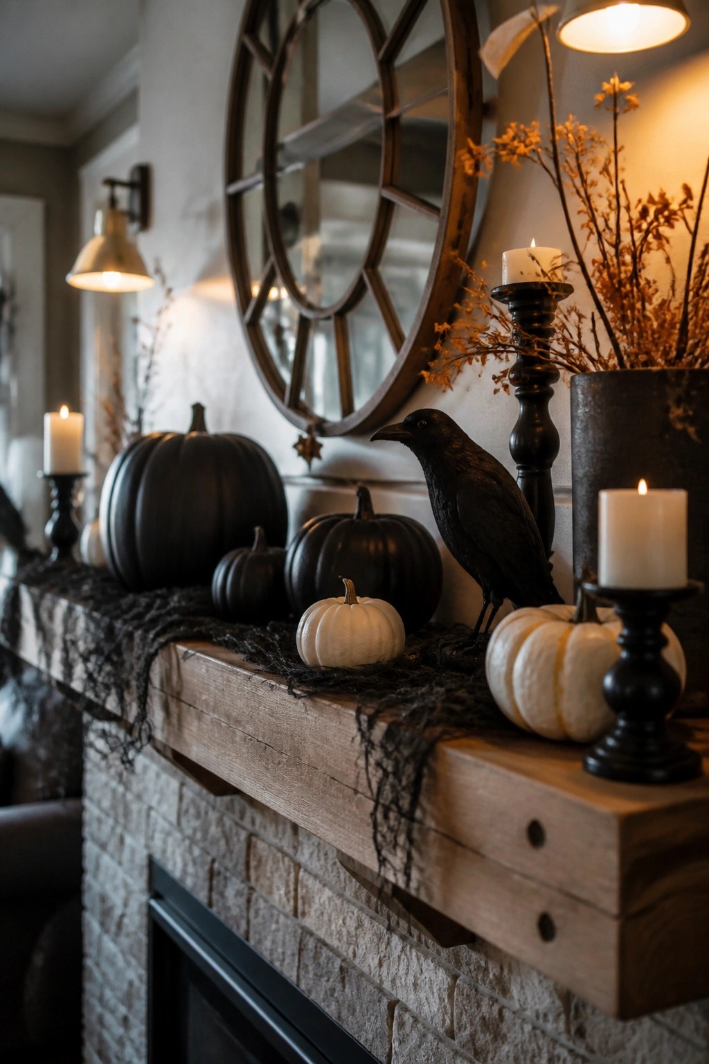 Stone fireplace mantel decorated with a black crow figure, black and white pumpkins, black web garland, and dark candle holders.