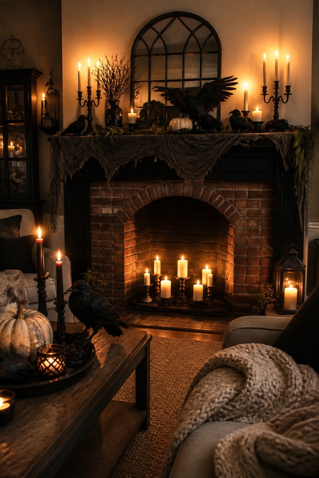 Living room fireplace mantel decorated for Halloween with black crows, white candles, branches, and a small white pumpkin in front of an arched mirror.
